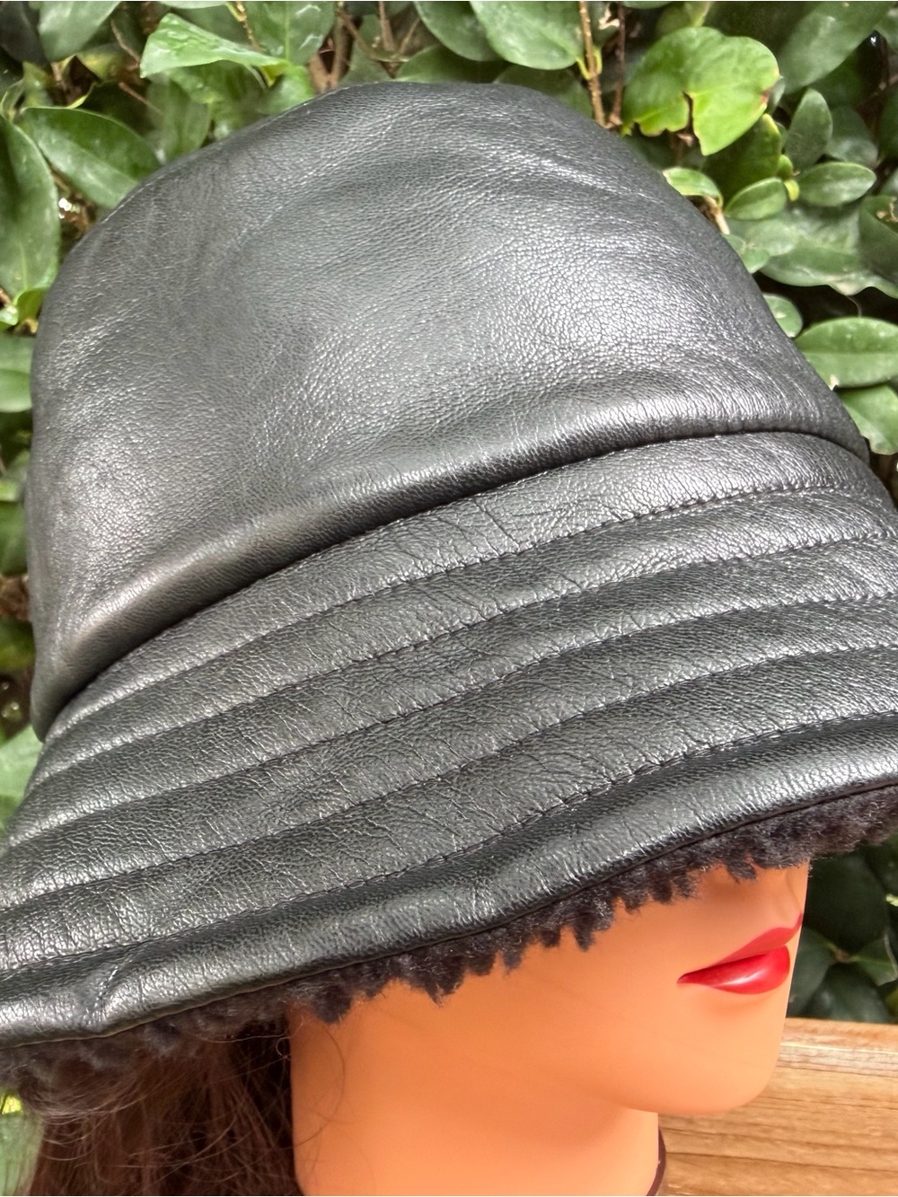 Babaton Black Quilted-Brim Leather Bucket Hat with Shearling Edge